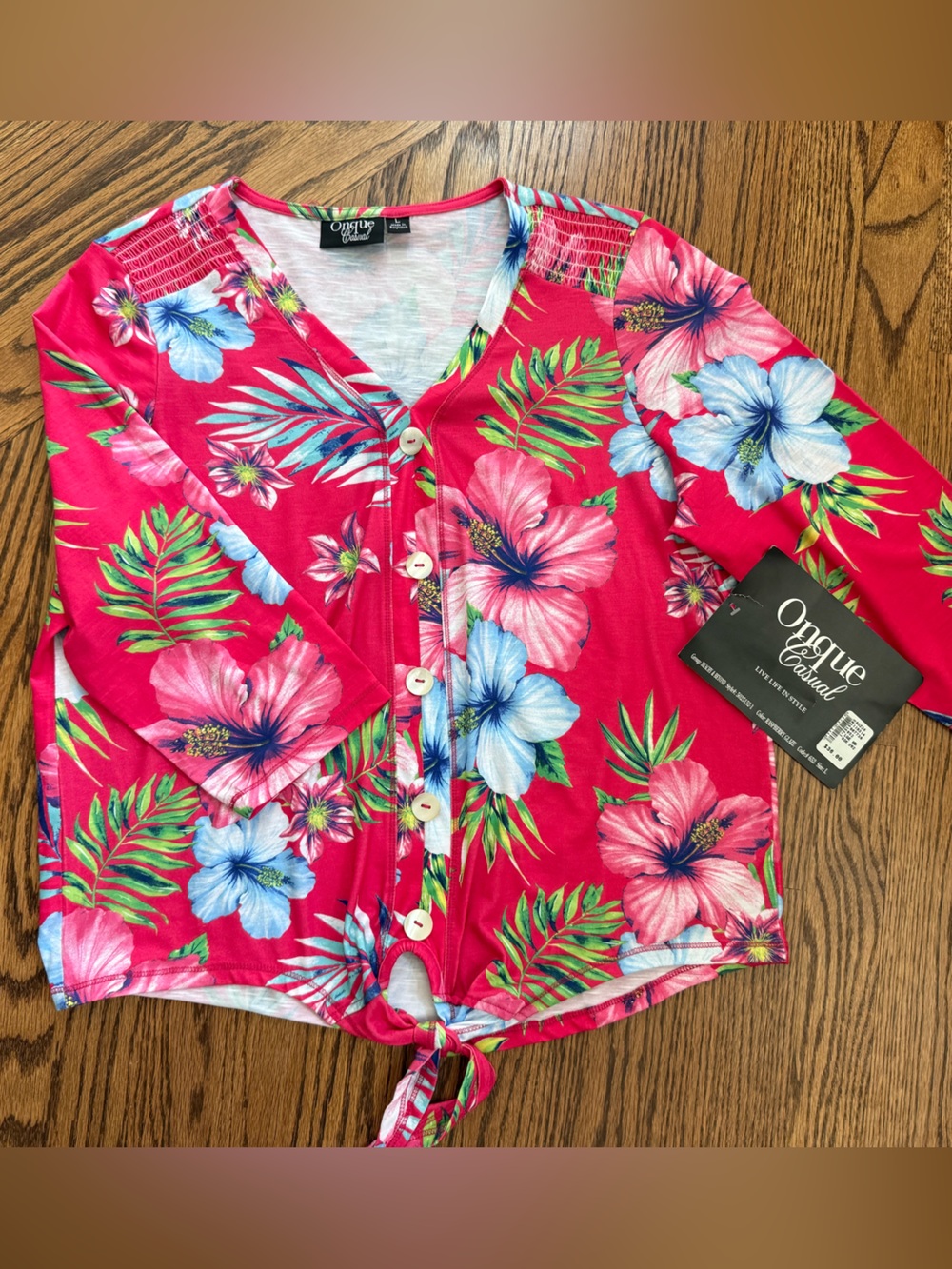 NEW! Onque Casuals Pink Floral Tie-Front Button Top